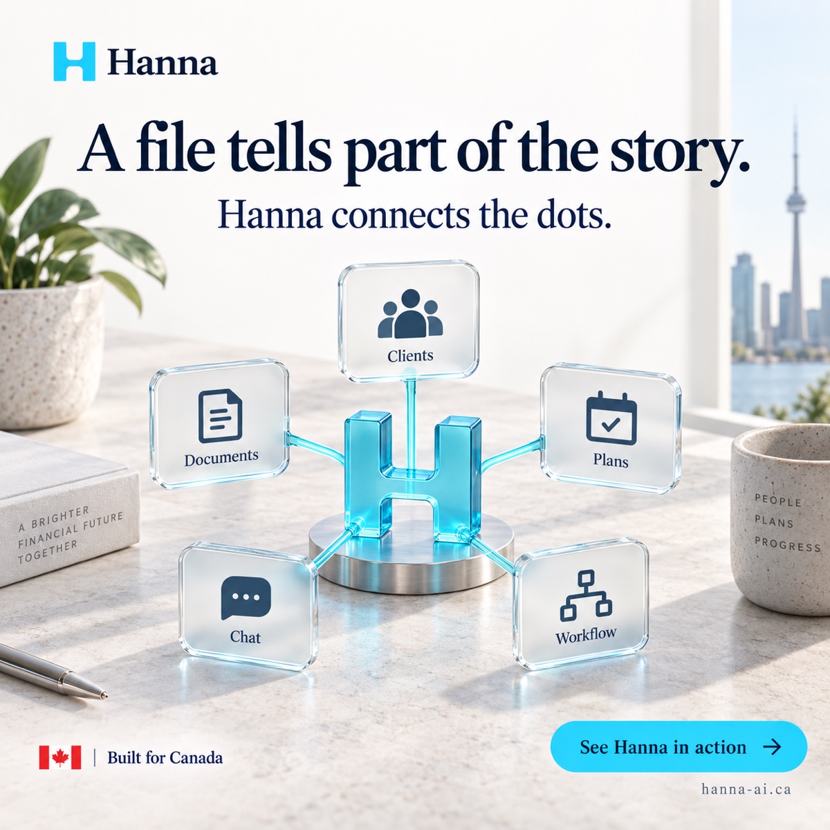 A file tells part of the story. Hanna connects the dots. Clients, documents, plans, chat and workflow.