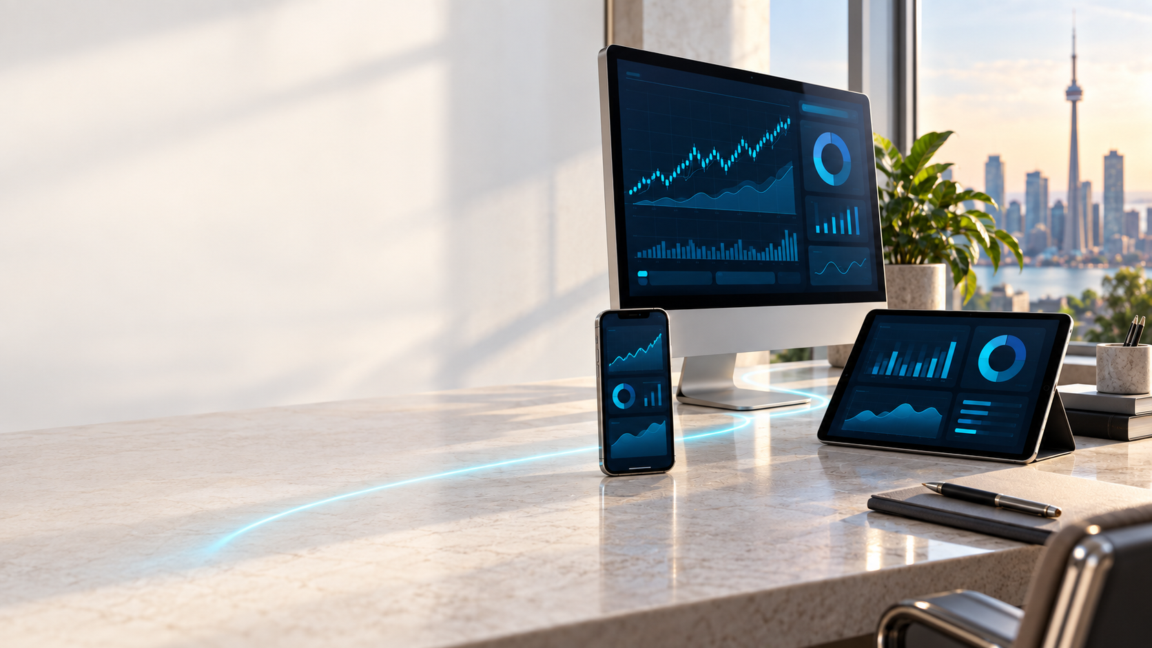 Illustrative desktop, iPhone and iPad companion setup
