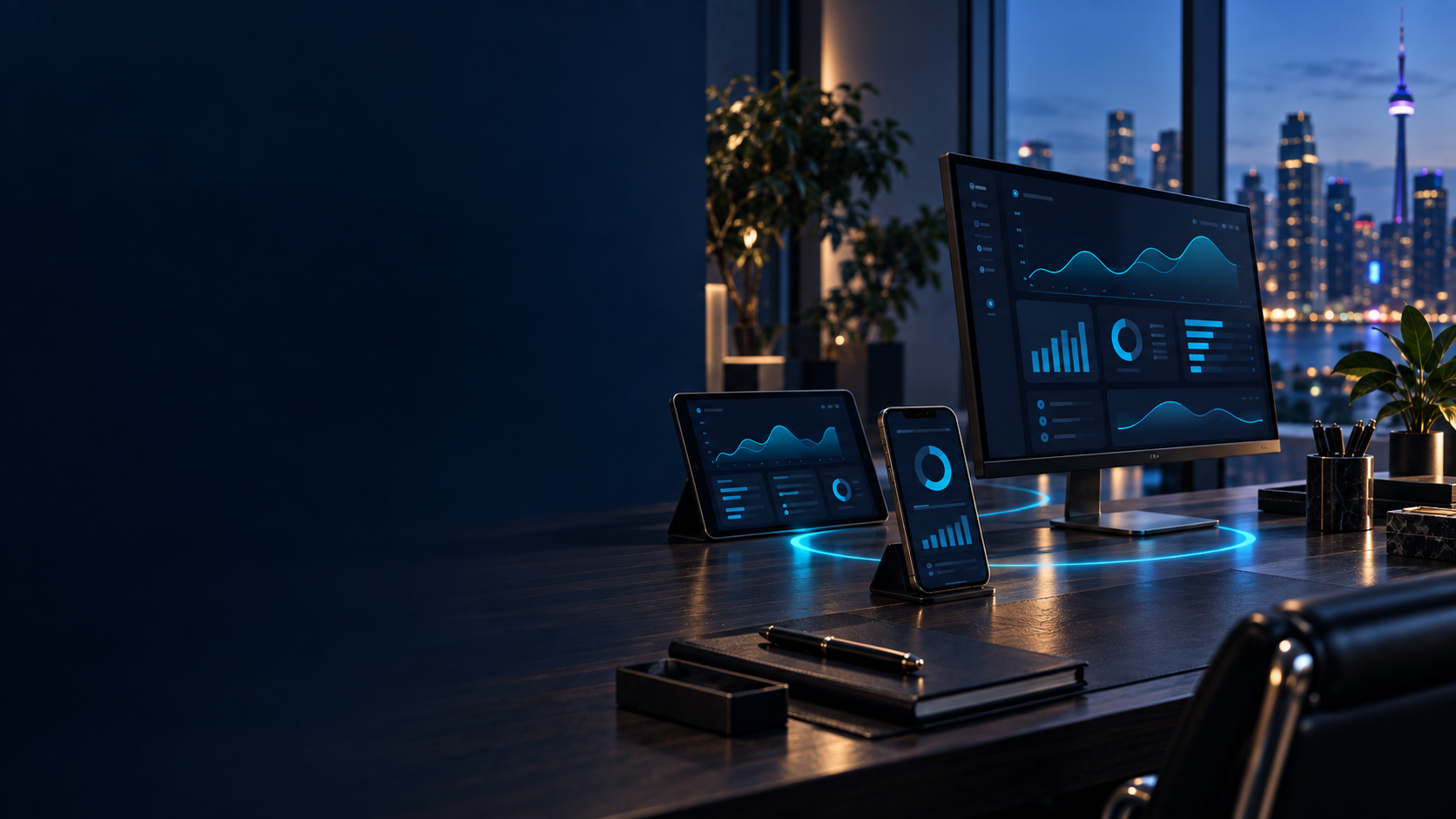 Illustrative desktop, iPhone and iPad companion setup in a navy office