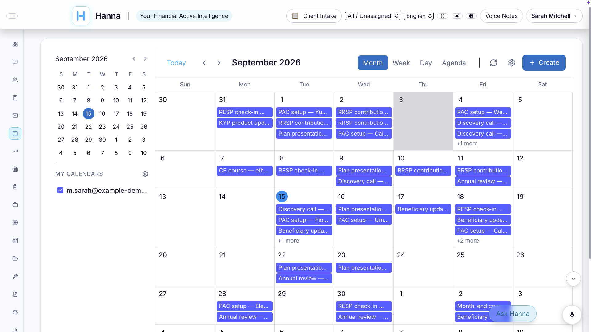 Calendar month view with client meetings and reviews · actual app capture · synthetic demo data