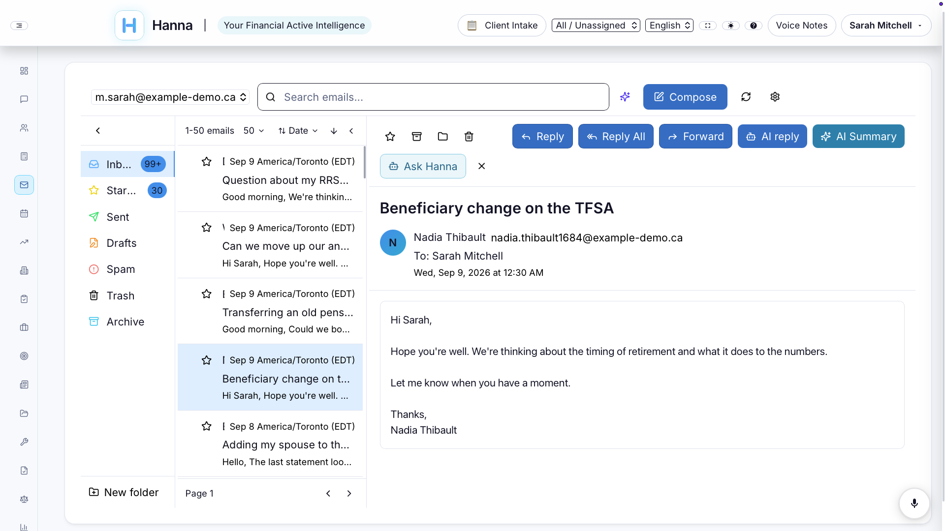 Mail with Reply, AI reply, AI Summary and Ask Hanna · actual app capture · synthetic demo data